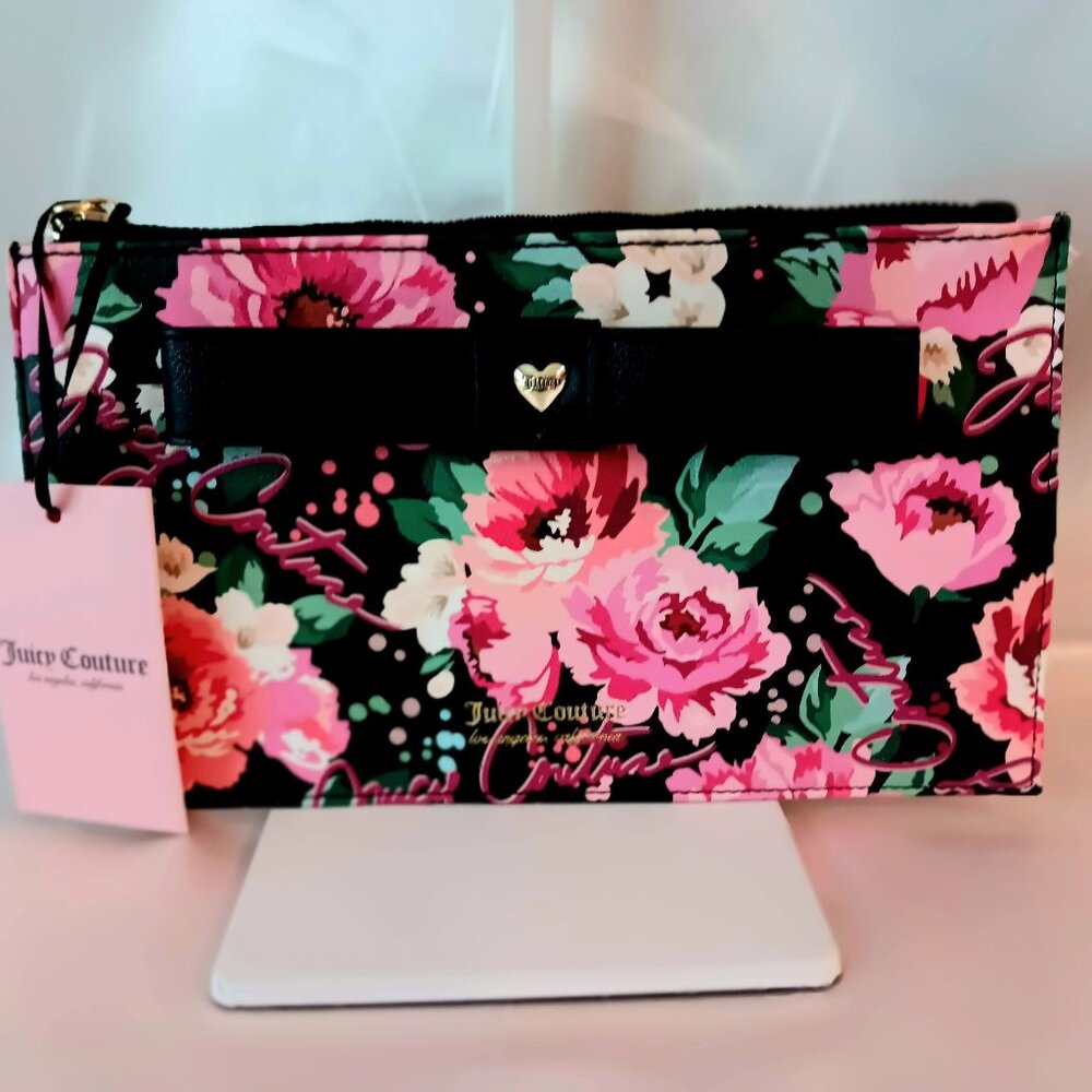 NWT 💥JUICY COUTURE WRISTLET WALLET Black w/Pink Peonies & Black Bow & Signature